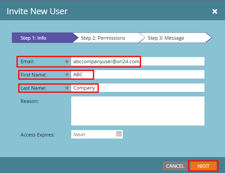 Invite New User Fields